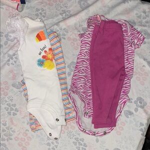White and Pink Matching Bodysuit Set with Graphic and Zebra Patterns
